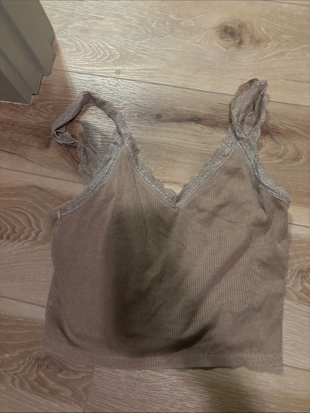American Eagle Outfitters Taupe Ribbed Lace-Trim Crop Tank